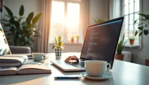 Engaged in remote python jobs, a developer coding in a bright, cozy home office.