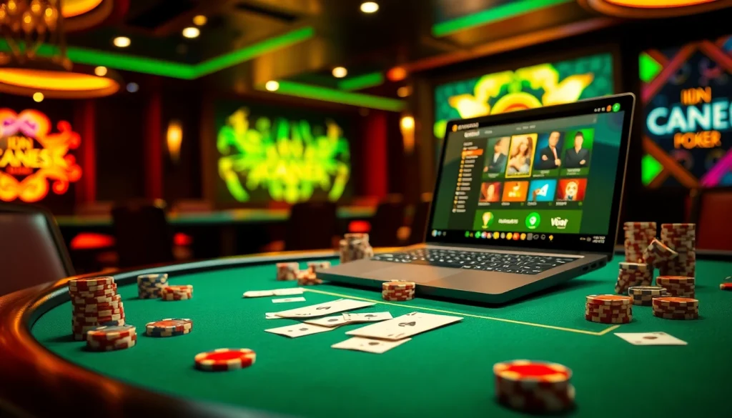 Engage in intense IDN Poker gameplay at a luxurious online casino table with vibrant chips and cards.