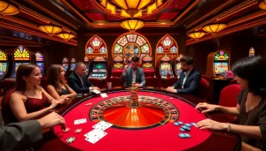 Shbet players enjoying a thrilling casino experience at a roulette table with vibrant atmosphere