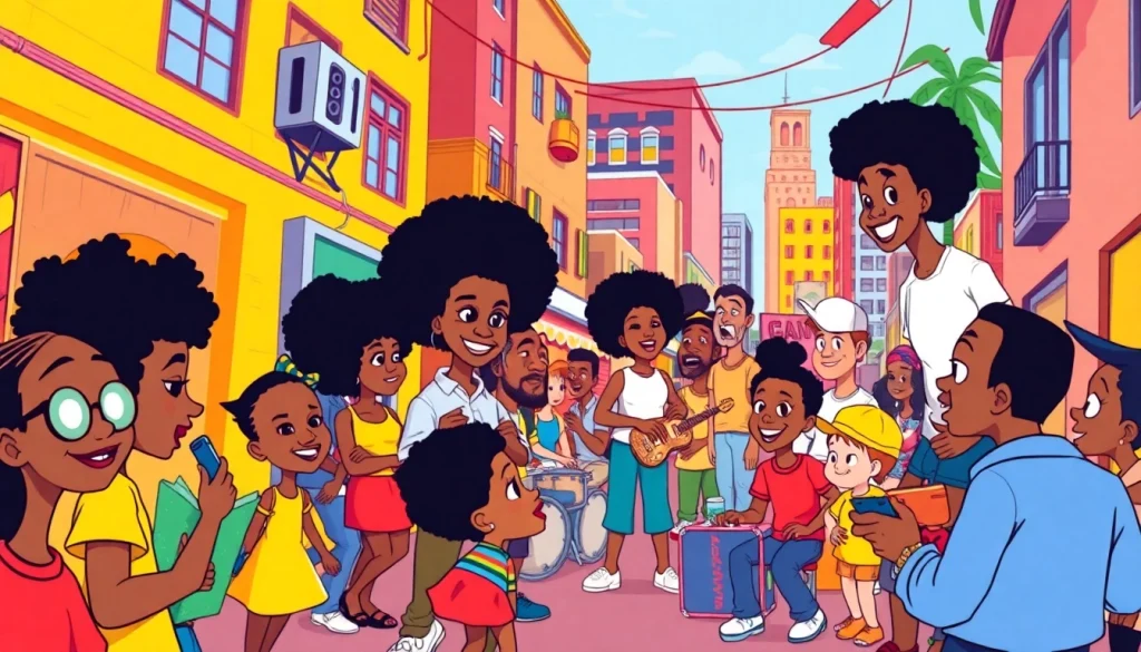 A vibrant scene depicting African American Cartoons with diverse animated characters celebrating cultural representation.