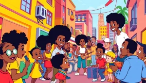 A vibrant scene depicting African American Cartoons with diverse animated characters celebrating cultural representation.