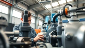 Technician conducting hydraulic pump services inspection in an industrial workshop.