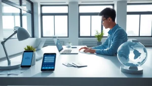 Efficient language translation with 有道翻译 app in a modern workspace.