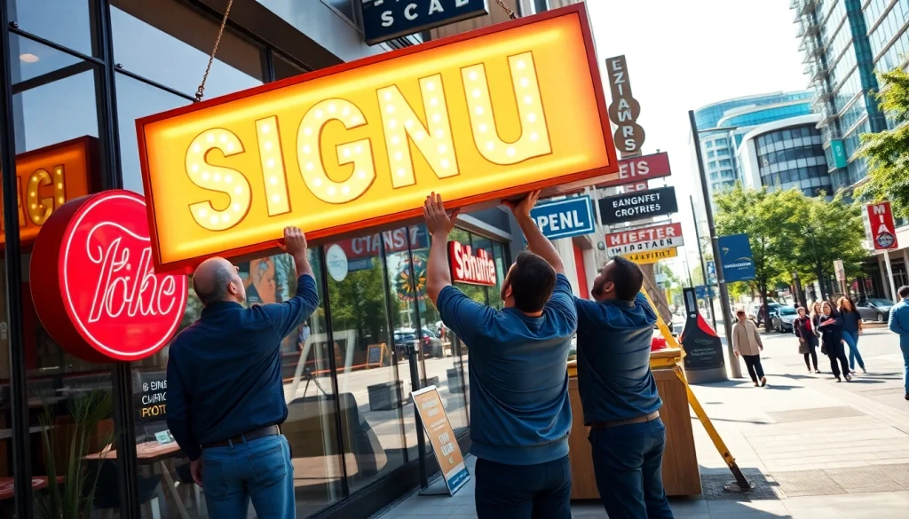 Edmonton sign company team installing customized storefront signs in a vibrant urban setting.