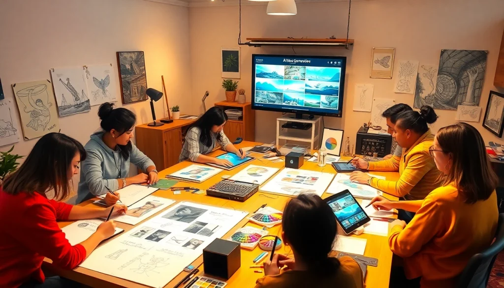 Dynamic digital art studio scene showcasing image to prompt ai collaboration.