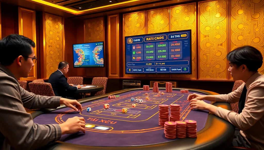 Tài xỉu md5 com table features players immersed in gaming experience, with vibrant dice and rich poker chips.