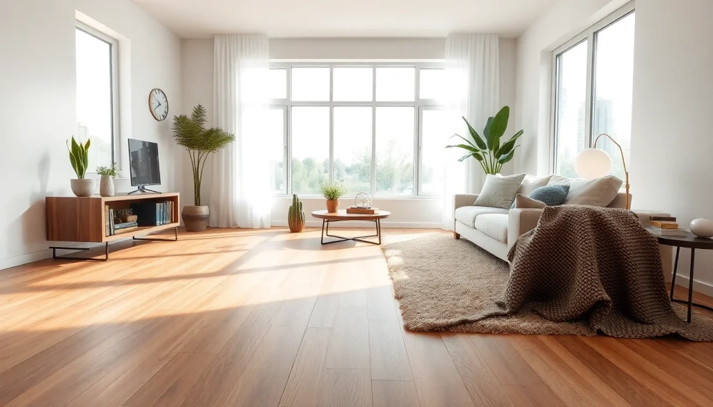 Install vinyl flooring in a contemporary living room, showcasing warm textures and natural light.