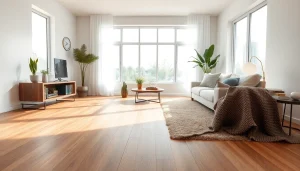Install vinyl flooring in a contemporary living room, showcasing warm textures and natural light.