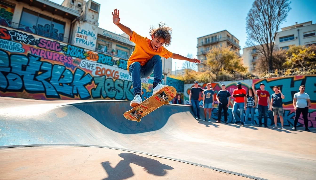 Cours Skateboard Paris showcases skateboarders demonstrating skills in an urban skatepark.