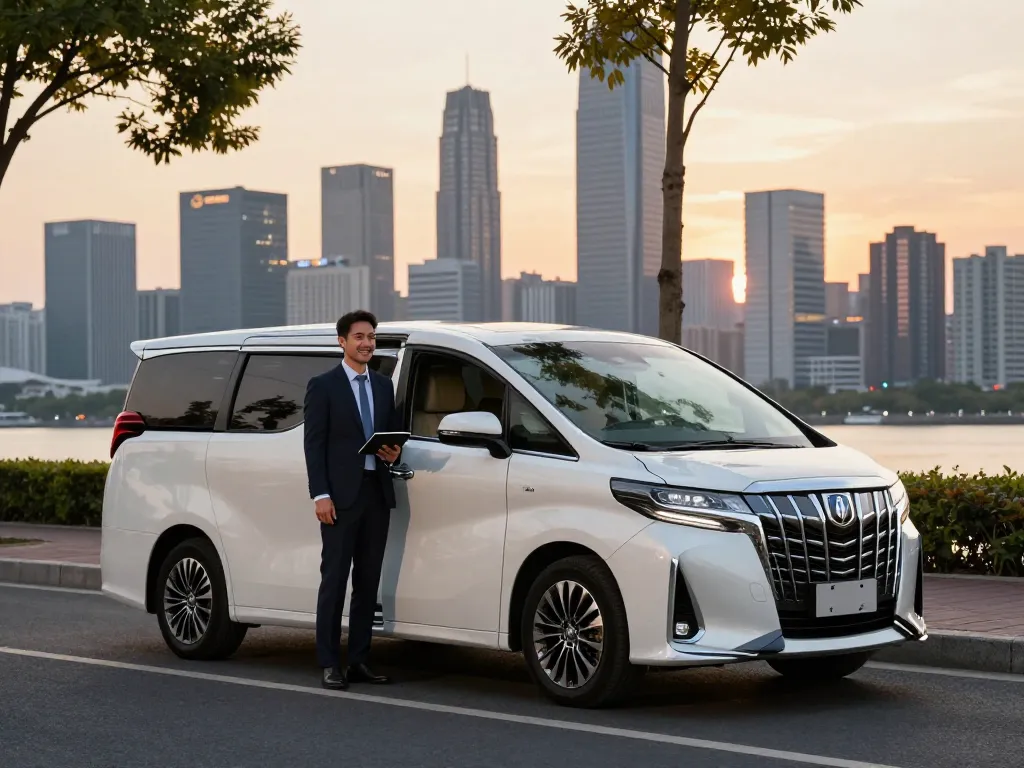 Trải nghiệm sang trọng của việc thuê xe Alphard tại Hồ Chí Minh với tài xế chuyên nghiệp trong khung cảnh hoàng hôn đô thị.