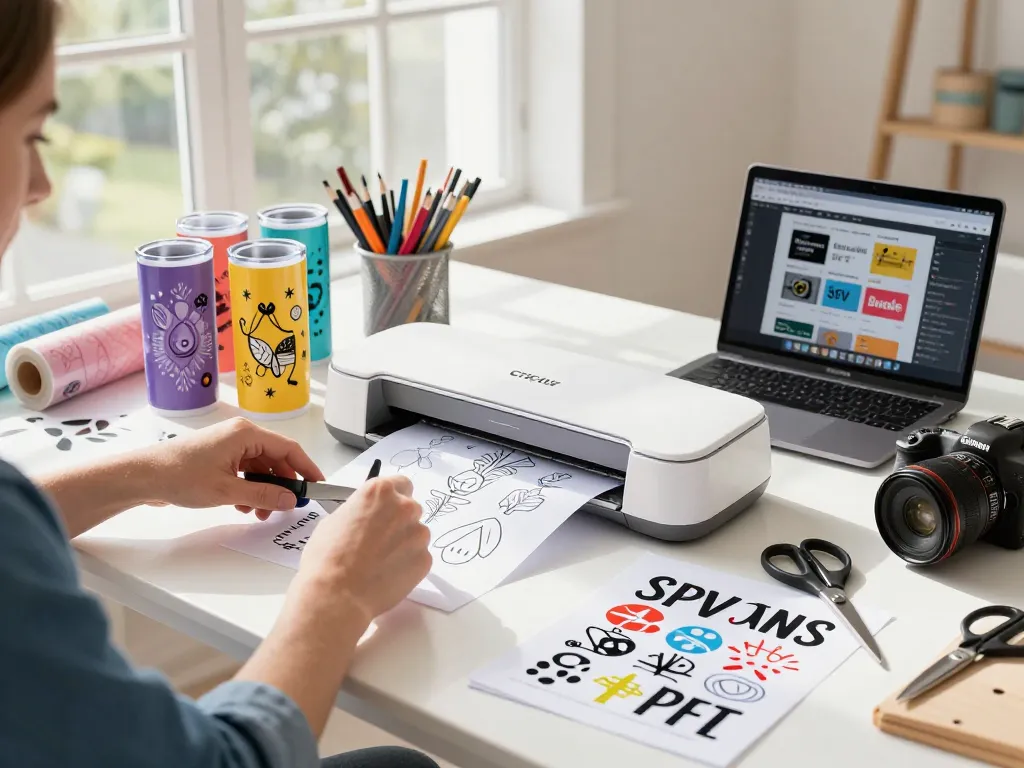 Crafting enthusiast using SVG files for tumbler designs in a vibrant workshop.