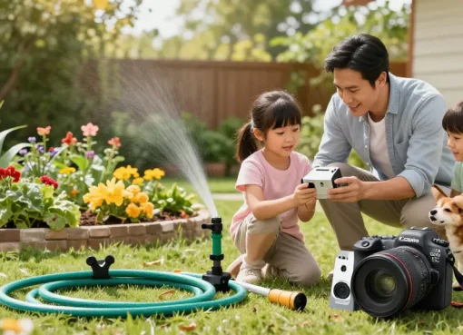 Family setting up rainpoint Irrigation Controllers in a vibrant garden, illustrating modern gardening practices.